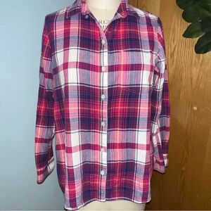 Old Navy Womens Plaid Classic Shirt Long Sleeve Button Up Pink Blue Size L